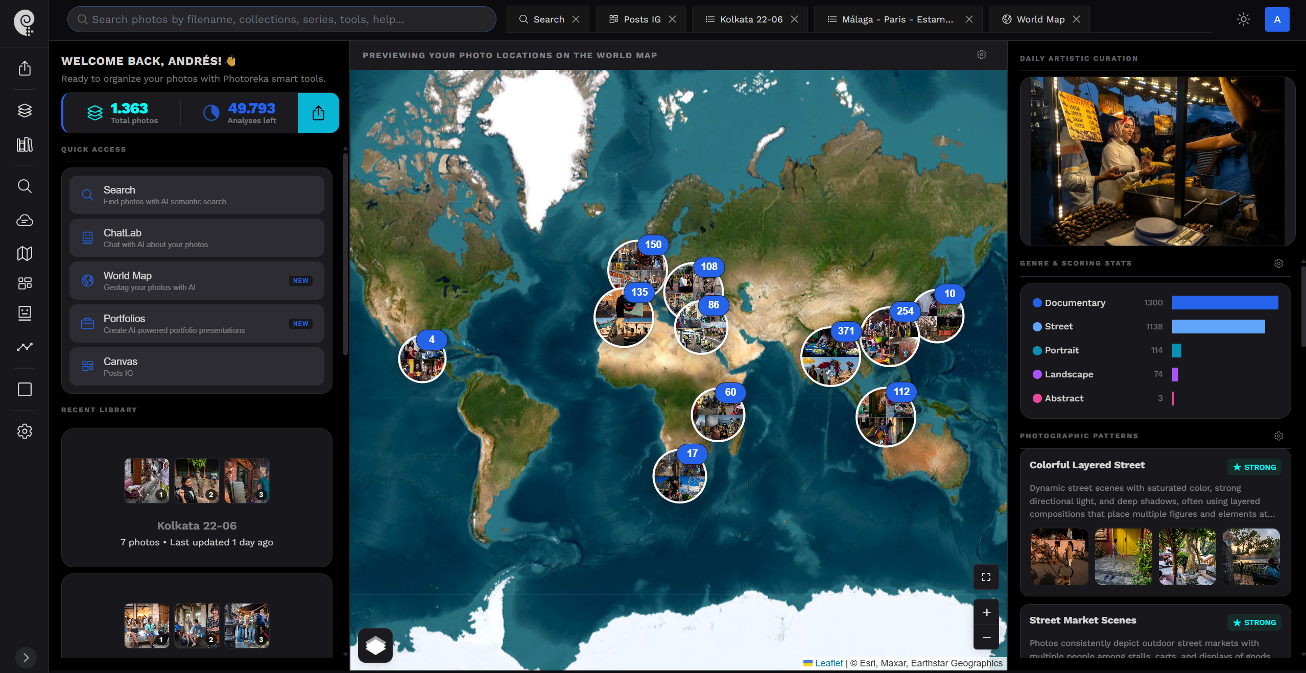 Photoreka AI photo organizer dashboard showing an analyzed photo catalog
